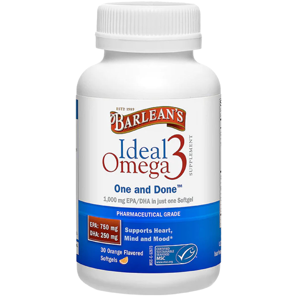 Barlean's gélules Omega 3 1000mg EPA/DHA vue de face