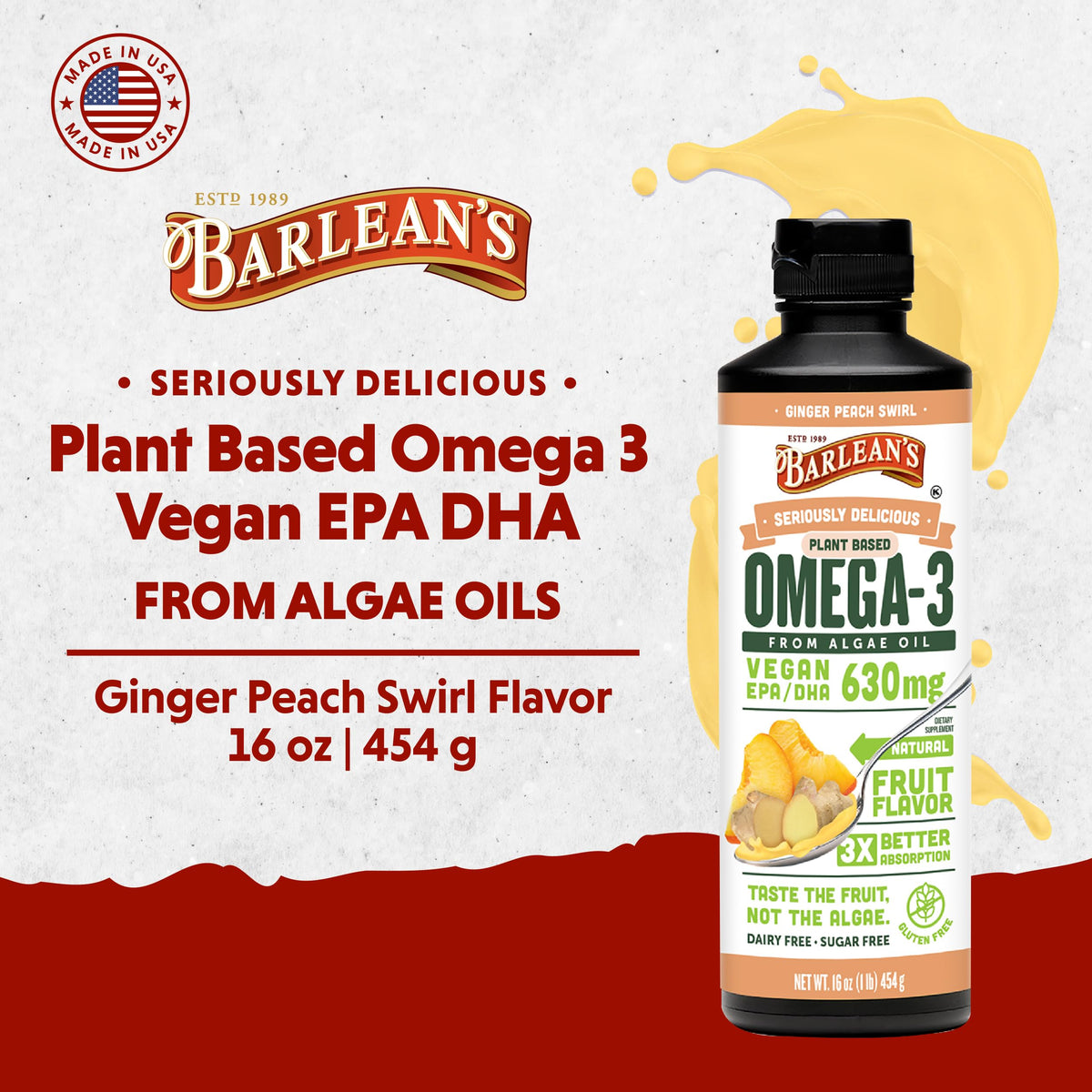 Barlean's Huile d'Algue Végane Omega 3 16 oz étiquette