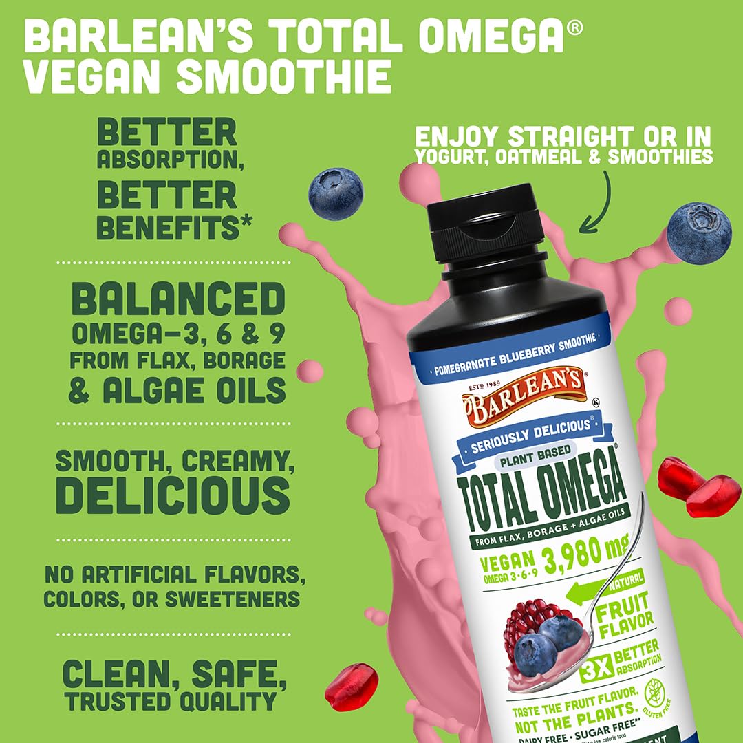 Barlean's Huile de Lin, Bourrache et Algues 16oz en usage dans un smoothie
