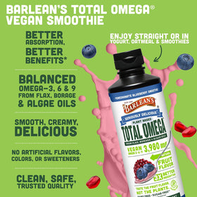 Barlean's Huile de Lin, Bourrache et Algues 16oz en usage dans un smoothie
