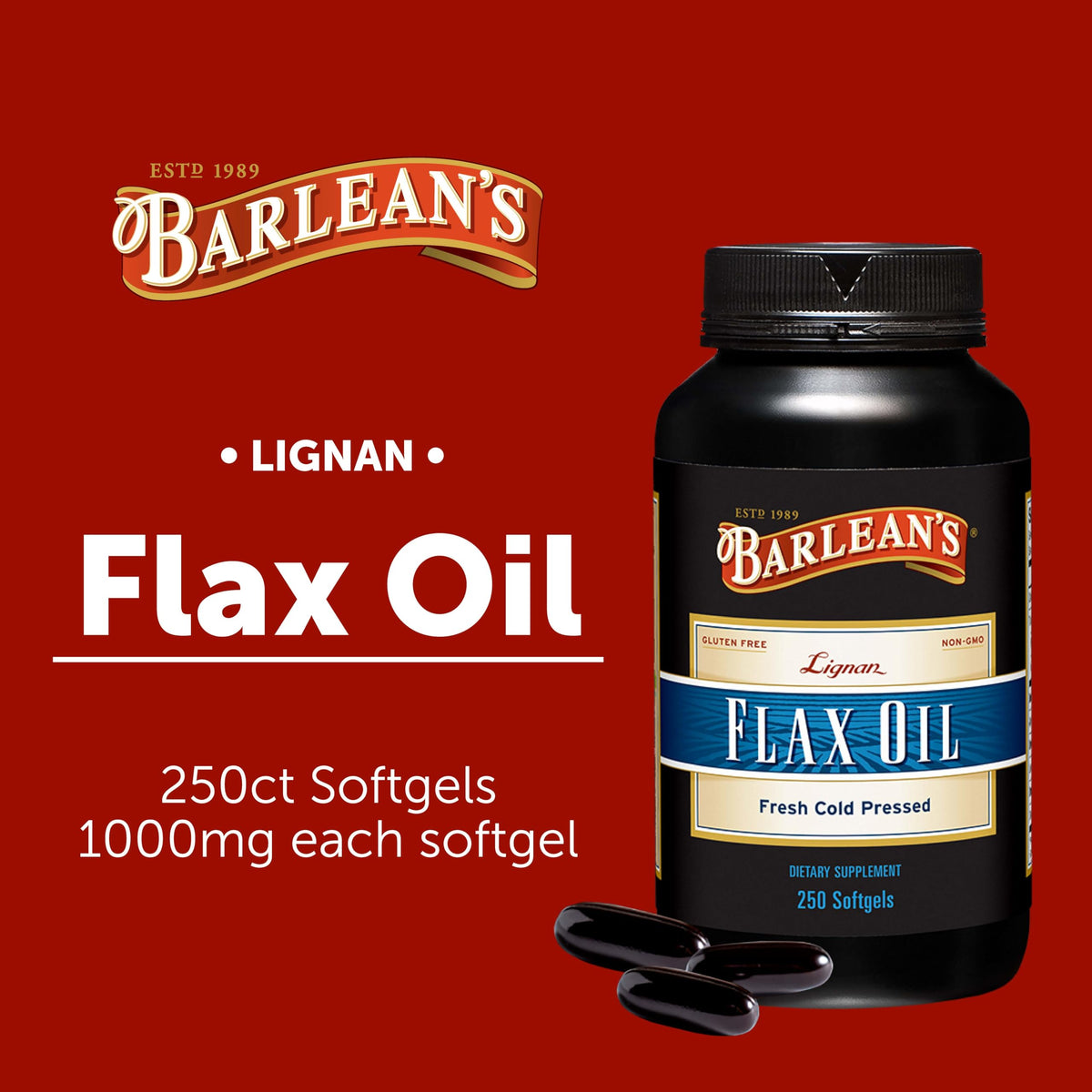 Barlean's Huile de Lin Lignane 1000 mg gélules molles sur fond blanc