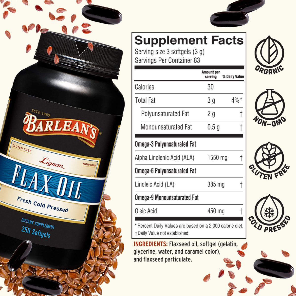 Barlean's Huile de Lin Lignane 1000 mg gélules molles sur une table