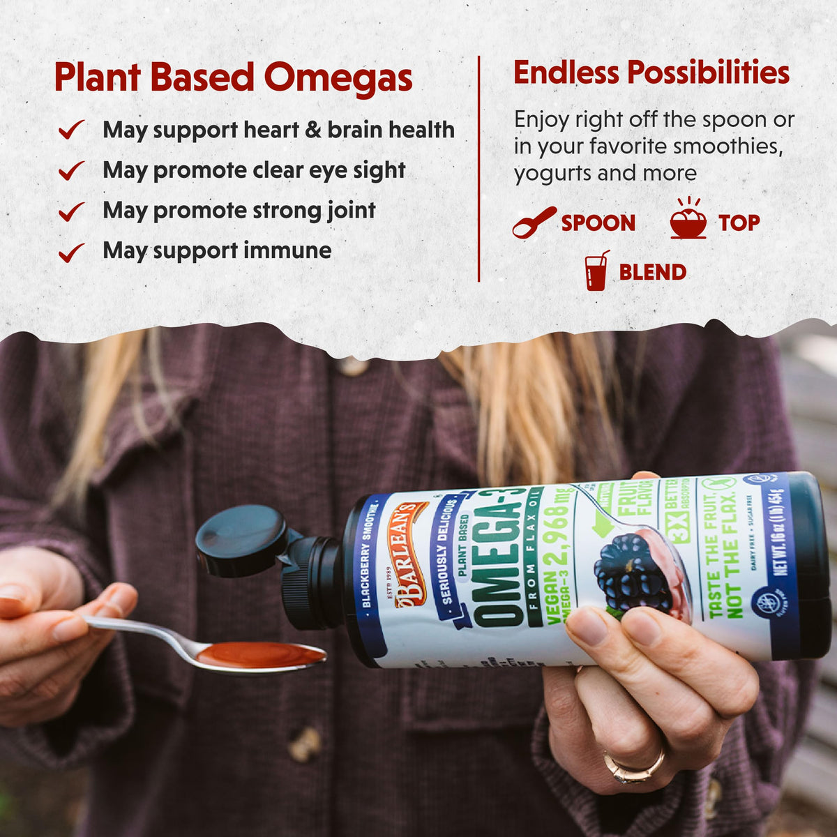Barlean's Huile de Lin Végane versée dans une cuillère