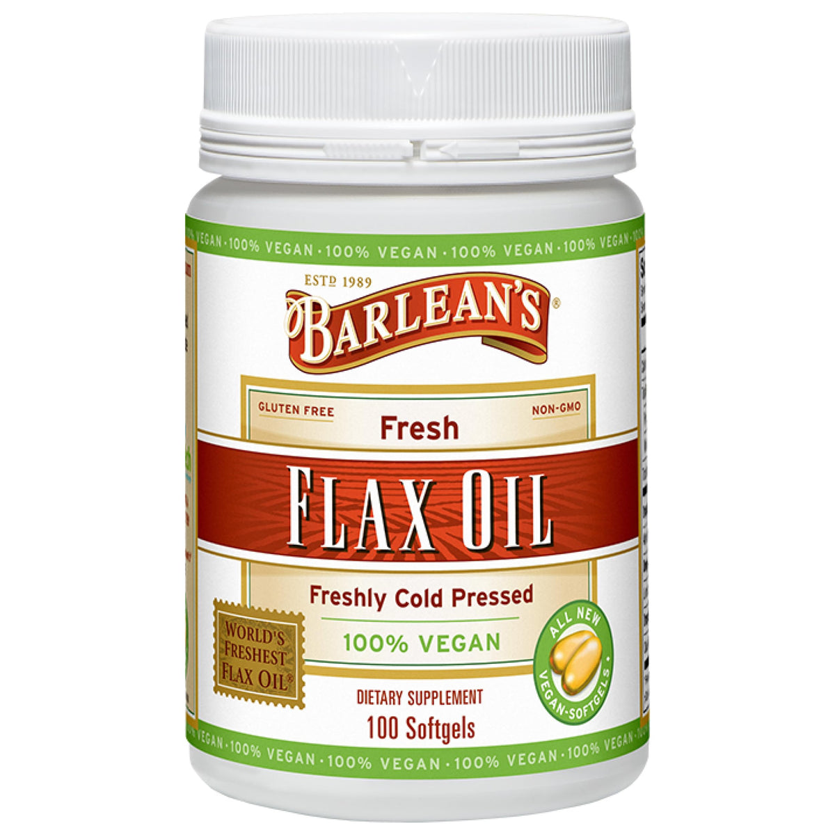 Barlean's Huile de Lin Végétale 100 capsules vue de face