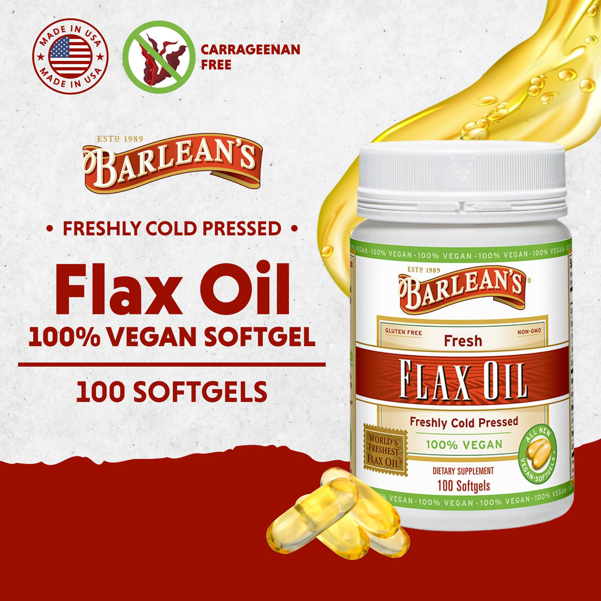 Barlean's Huile de Lin Végétale capsules sur une surface blanche