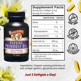 Barlean's Huile de Onagre gélules 60 softgels vue de dos