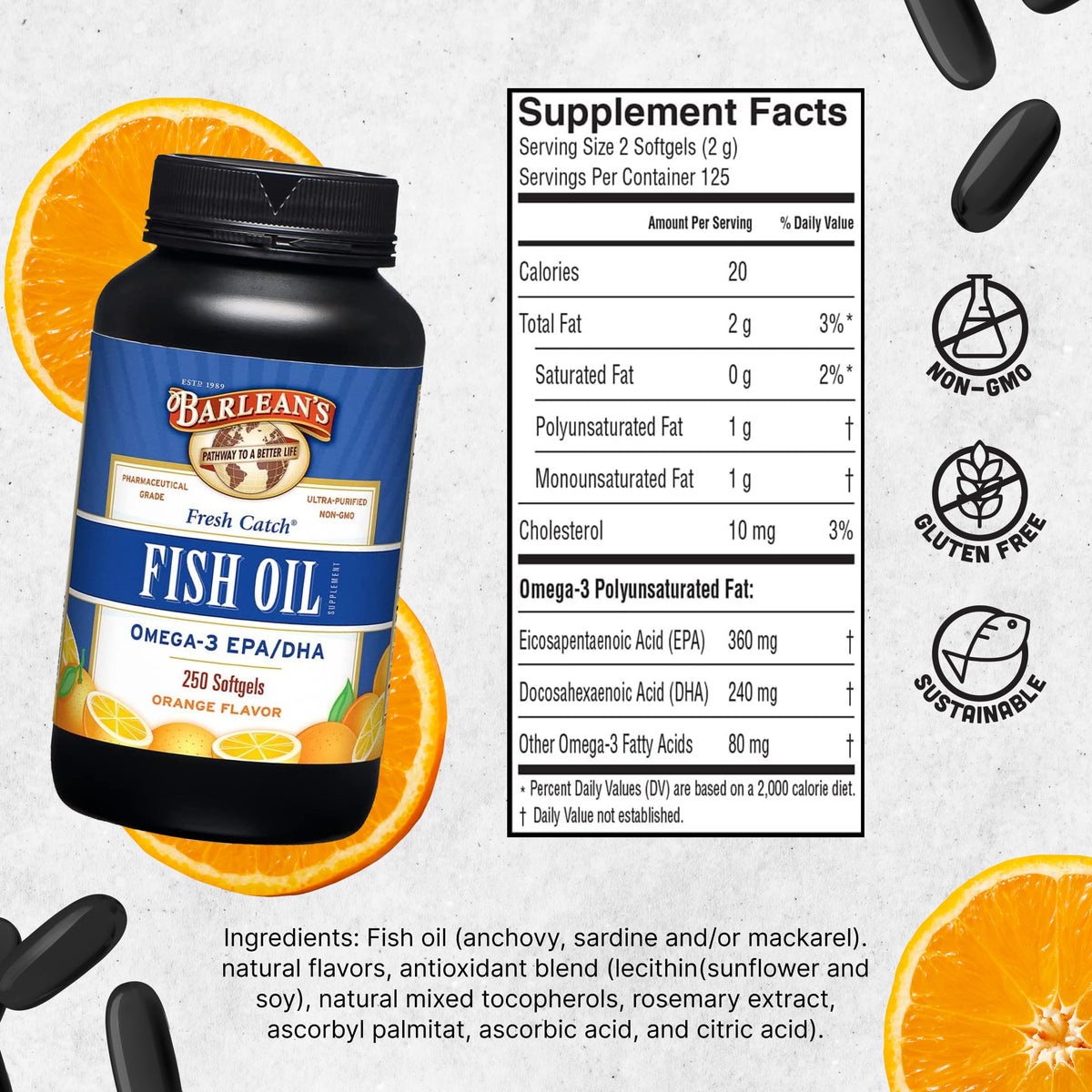 Barlean's Huile de Poisson Omega 3 600mg Gélules Orange avec assiette