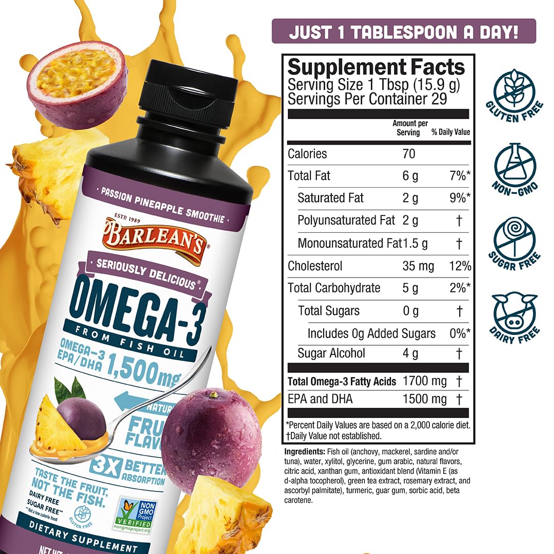 Barlean's Huile de Poisson Omega-3 Ananas Passion 16oz étiquette