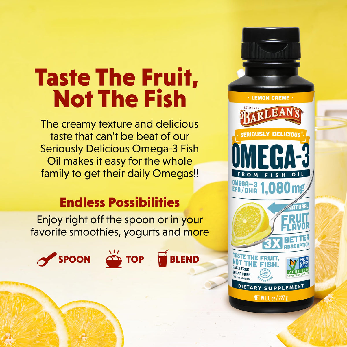 Barlean's Huile de Poisson Omega-3 Crème Citron sur un yaourt