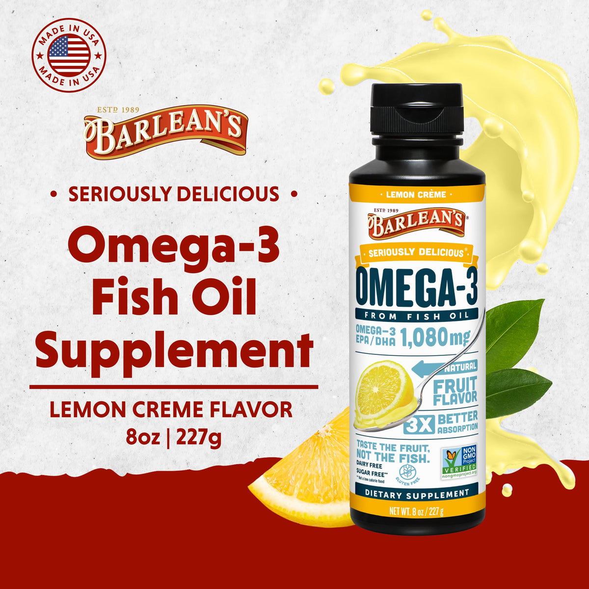 Barlean's Huile de Poisson Omega-3 Crème Citron versée dans une cuillère