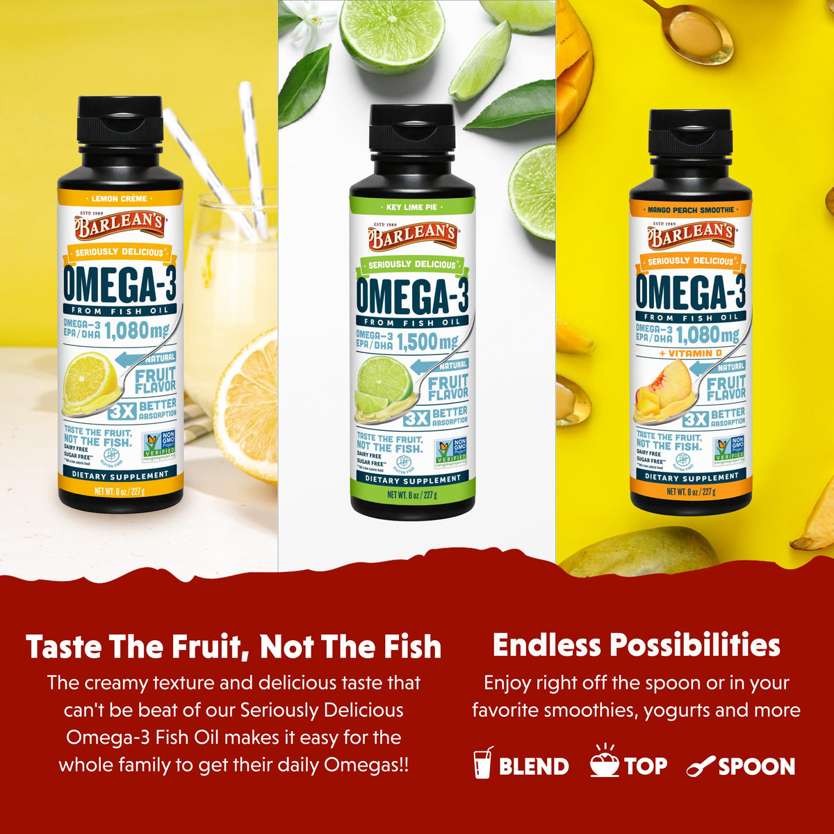 Barlean's Huile de Poisson Omega-3 Liquide 1500mg Mango Peach texture crémeuse