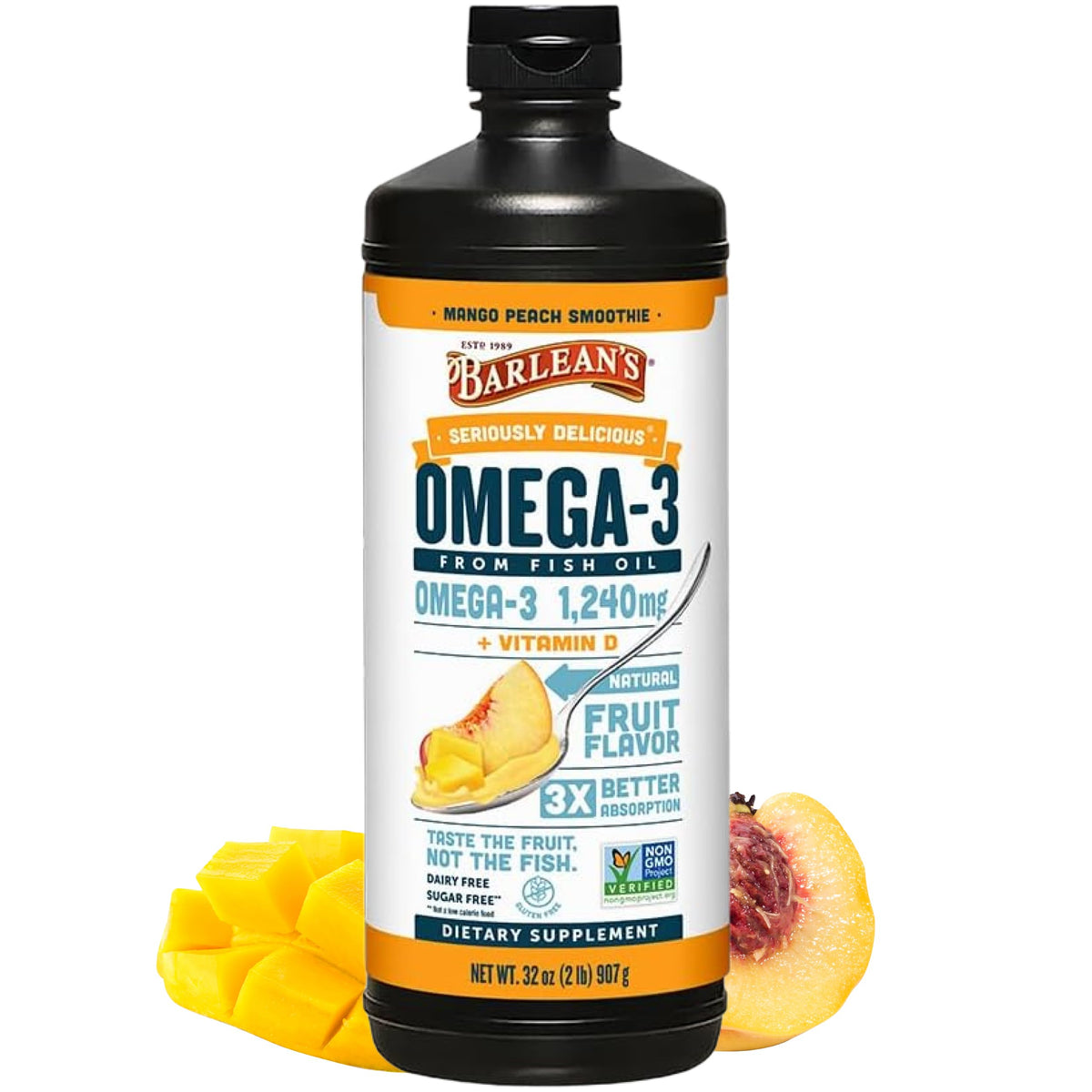 Barlean's Huile de Poisson Omega-3 Mangue Pêche 32oz vue de face