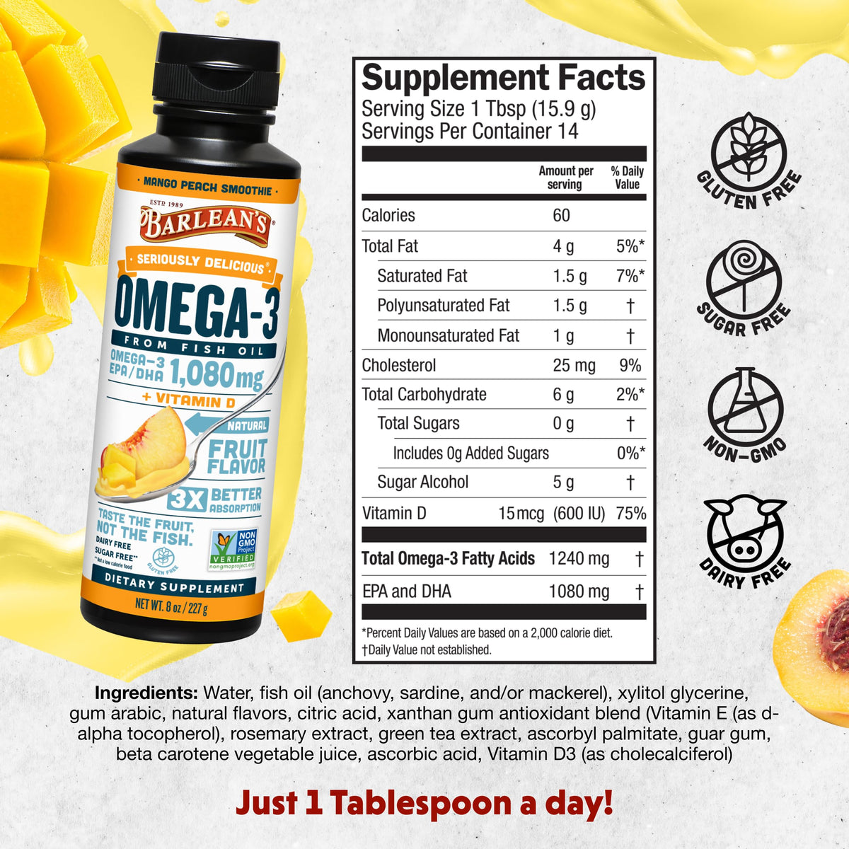Barlean's Huile de Poisson Omega-3 Mangue Pêche dans un smoothie