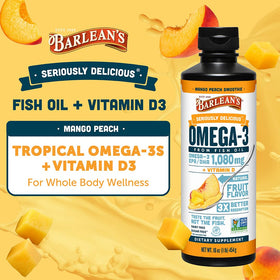Barlean's Huile de Poisson Omega-3 Mangue Pêche étiquette détaillée