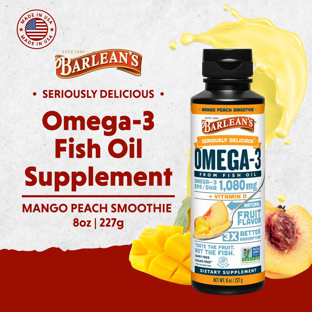 Barlean's Huile de Poisson Omega-3 Mangue Pêche texture crémeuse
