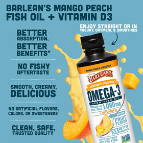 Barlean's Huile de Poisson Omega-3 Mangue Pêche versée dans un yaourt