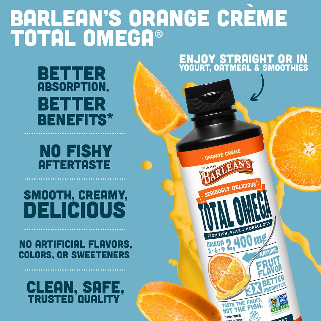 Barlean's Huile de Poisson Orange Crème 2400mg dans un verre avec des fruits