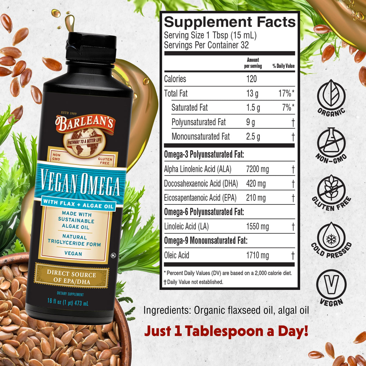 Barlean's Huile Végétale Omega 3 6 9 490g étiquette