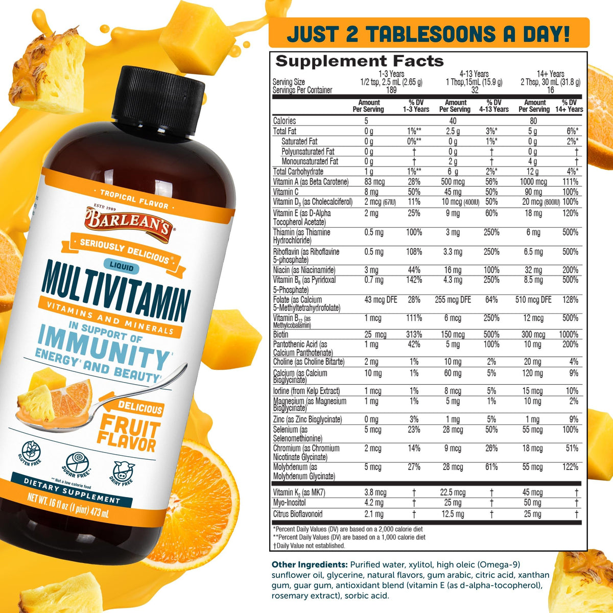 Barlean's Multivitamine Liquide Tropical 480ml avec étiquette