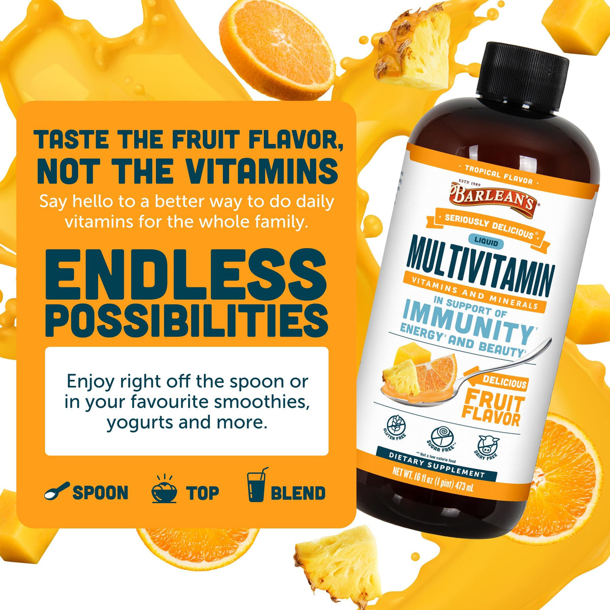 Barlean's Multivitamine Liquide Tropical 480ml sur une table