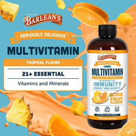 Barlean's Multivitamine Liquide Tropical 480ml versé dans un verre