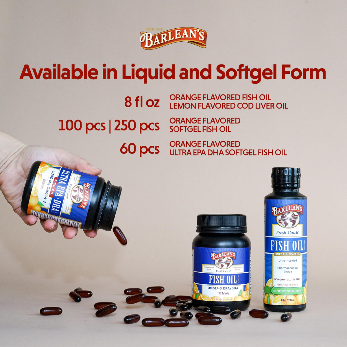 Barlean's Omega-3 capsules bottle side view