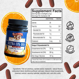 Barlean's Omega-3 capsules with a measuring spoon