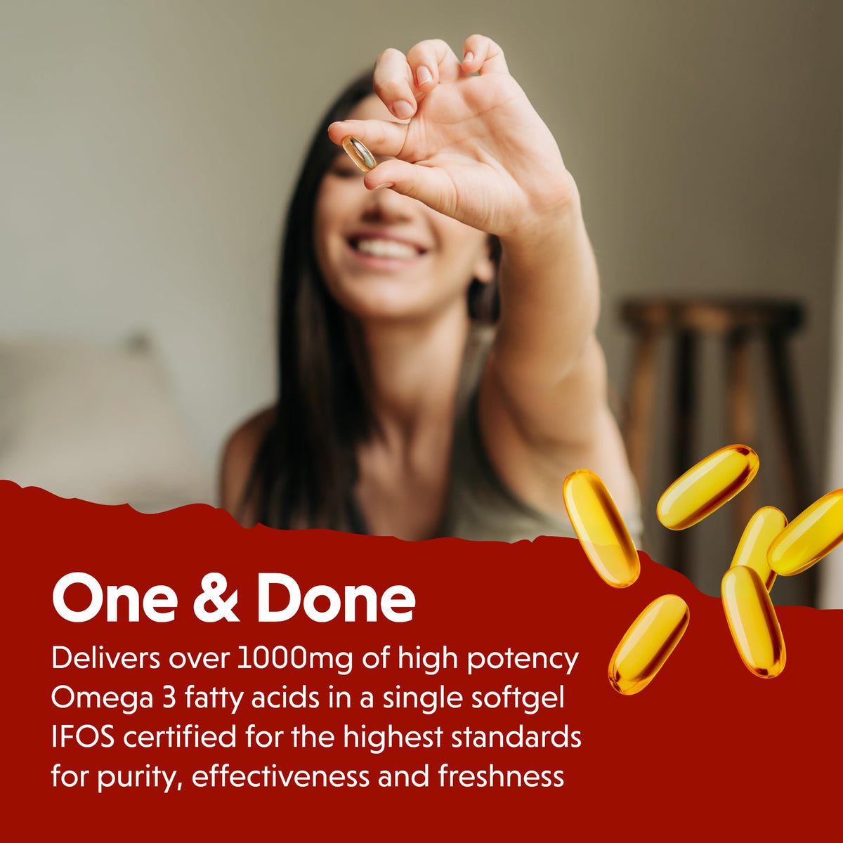 Barlean's Omega 3 gélules 1000 mg à côté d'un verre d'eau