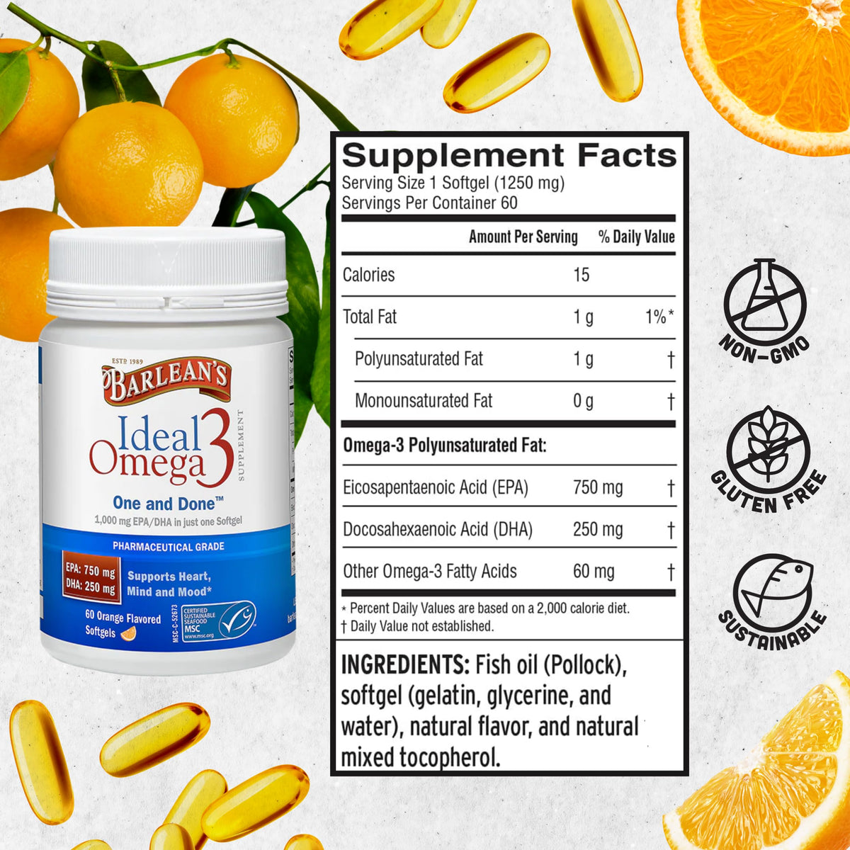 Barlean's Omega 3 gélules 1000 mg dans leur emballage d'origine