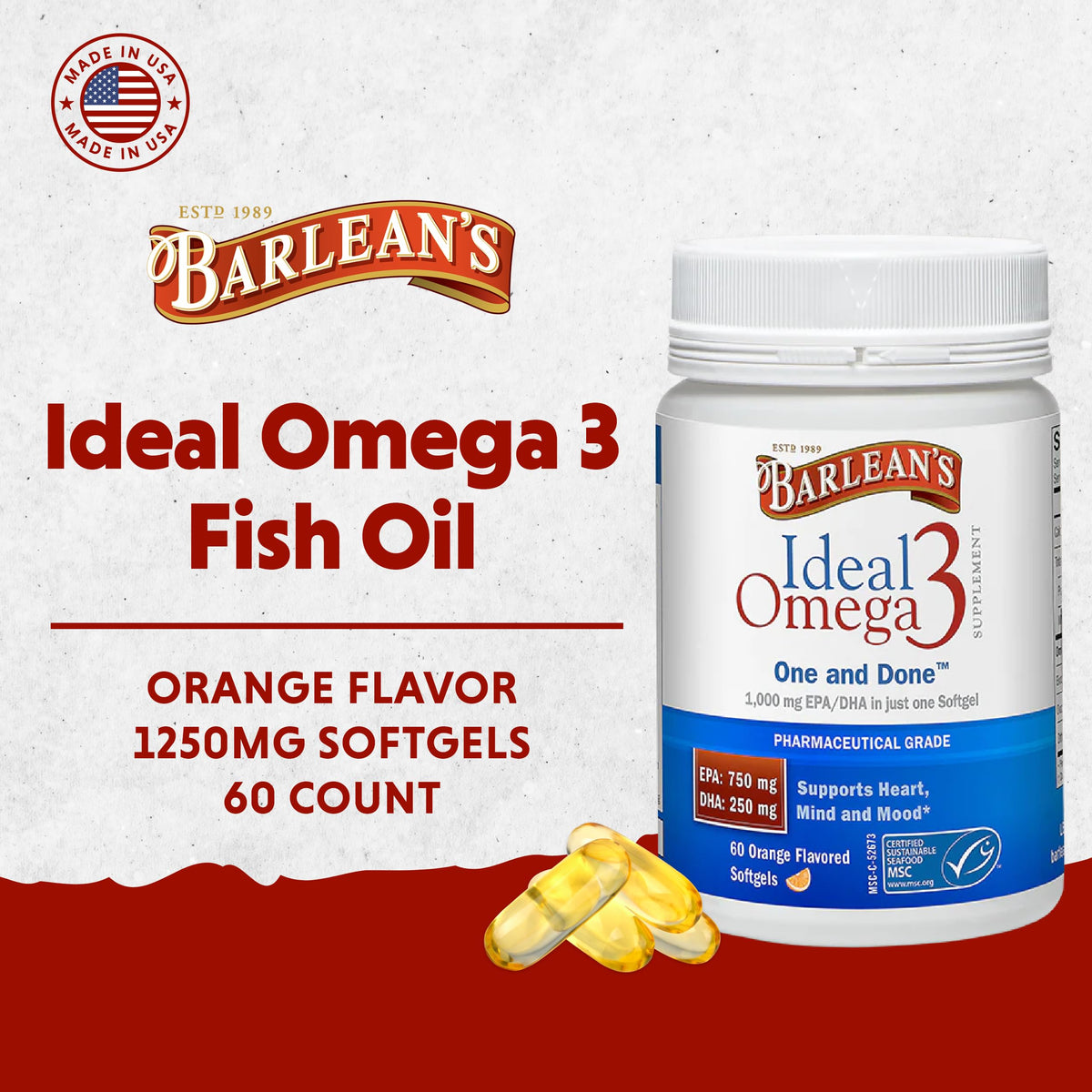 Barlean's Omega 3 gélules 1000 mg vue arrière montrant les ingrédients