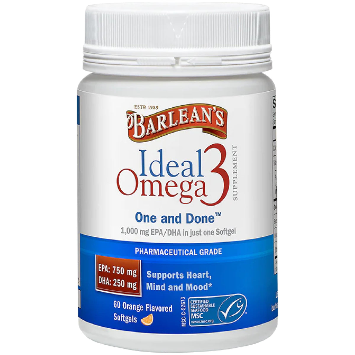 Barlean's Omega 3 gélules 1000 mg vue avant avec étiquette orange