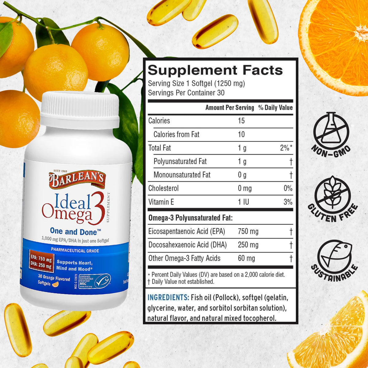 Barlean's Omega 3 gélules avec un fond blanc