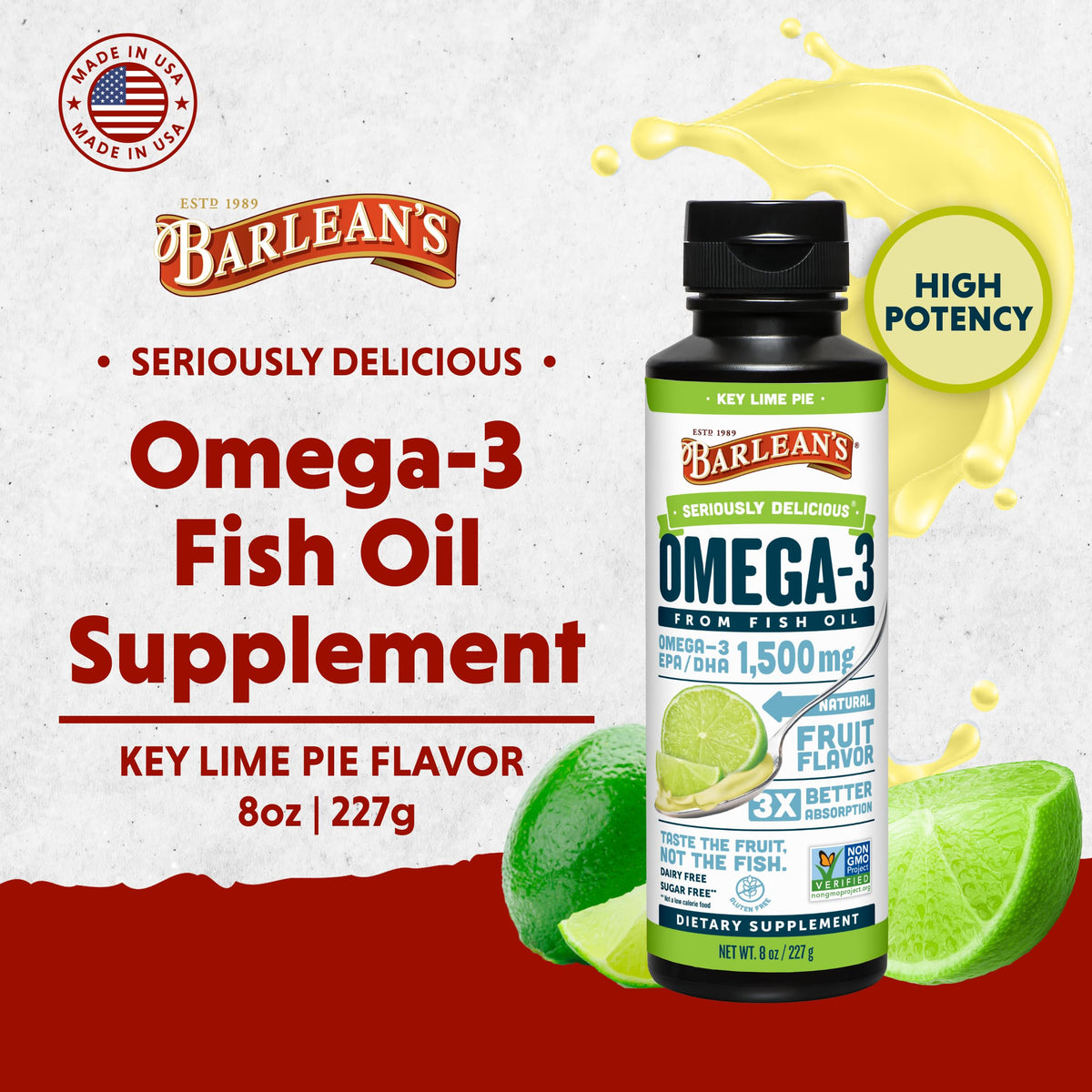 Barlean's Omega-3 Huile de Poisson 1500mg 8oz étiquette