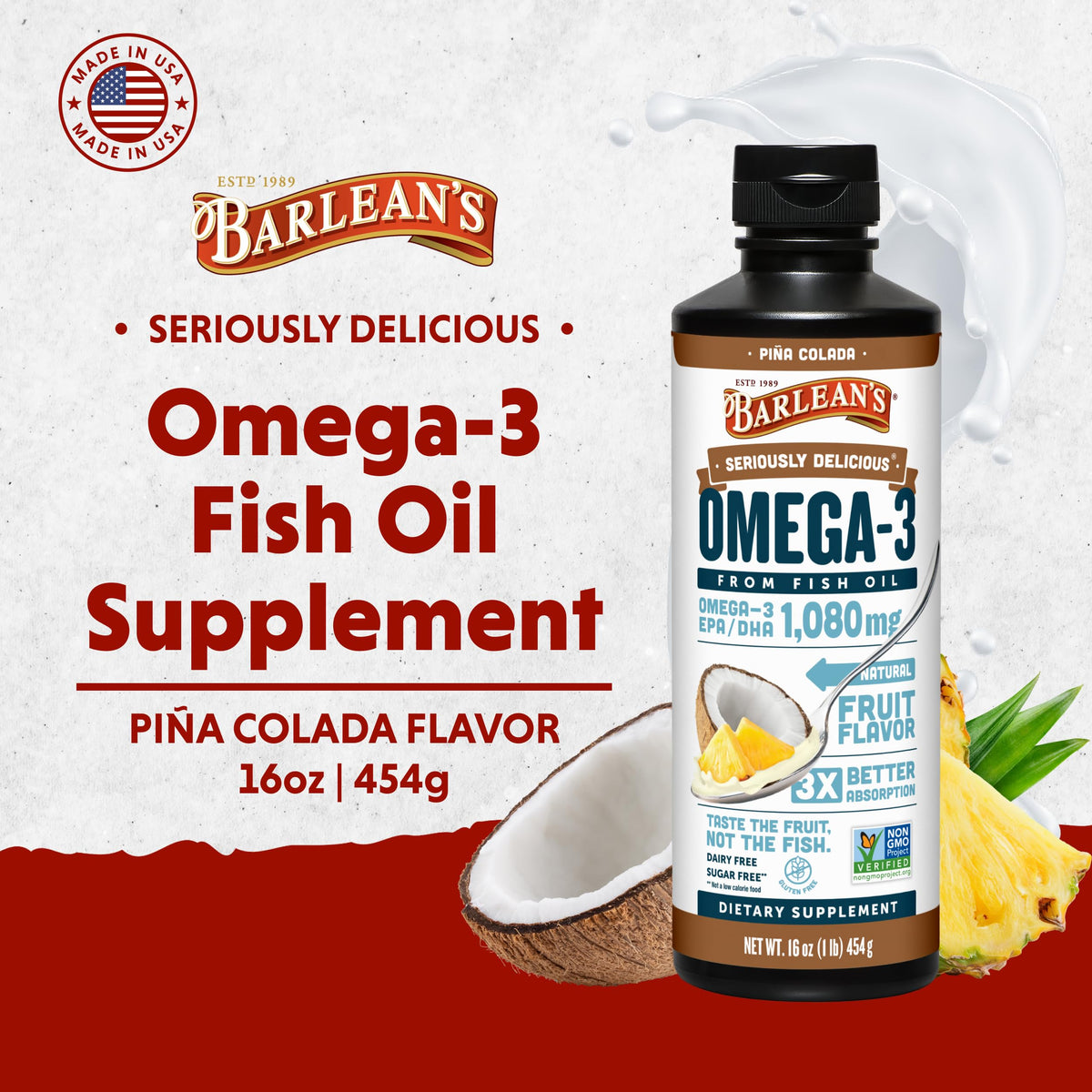 Barlean's Omega-3 Pina Colada étiquette avec informations nutritionnelles