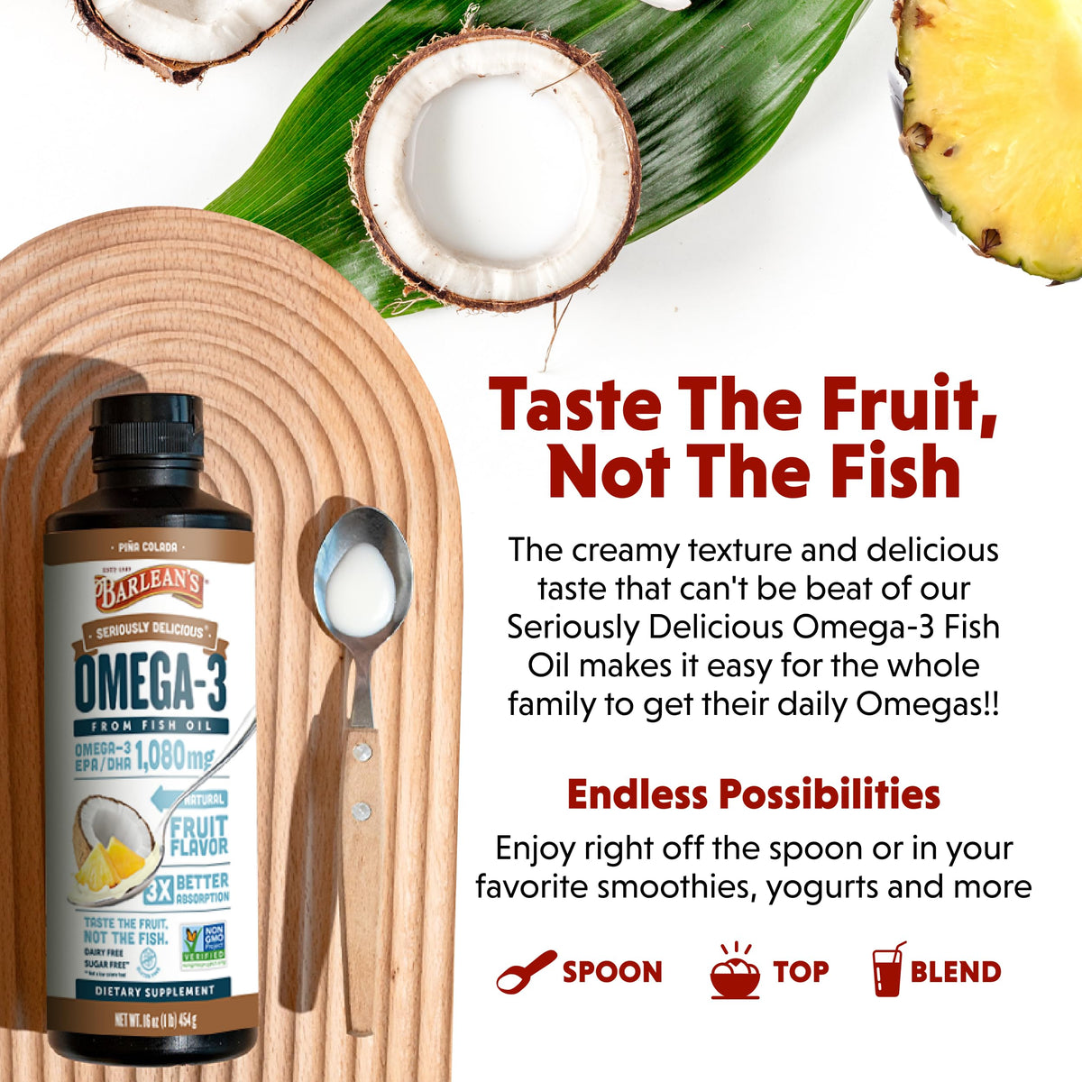 Barlean's Omega-3 Pina Colada versée sur un yaourt