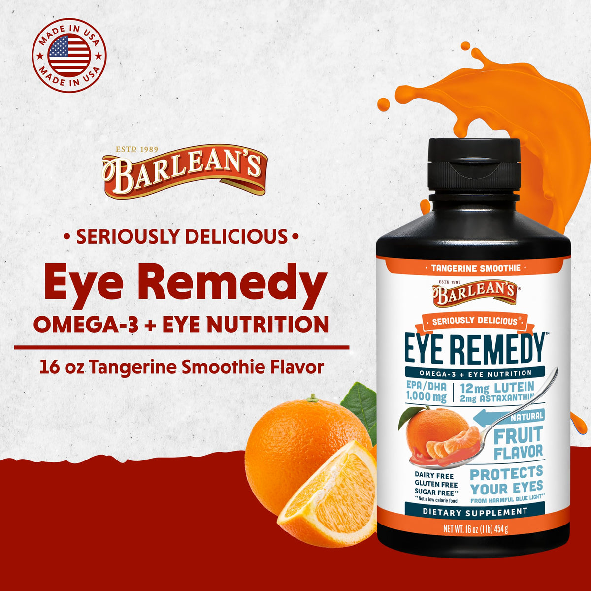 Barlean's Omega-3 Remède Oculaire 16oz avec cuillère et tangerines