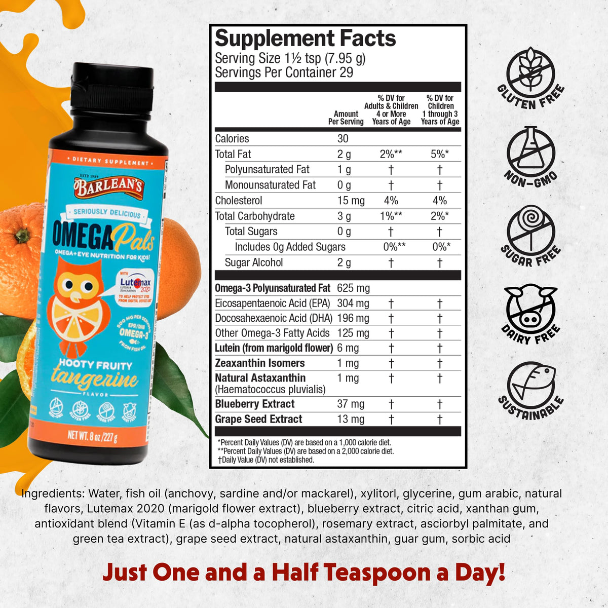 Barlean's Omega Pals dos de la bouteille avec informations nutritionnelles