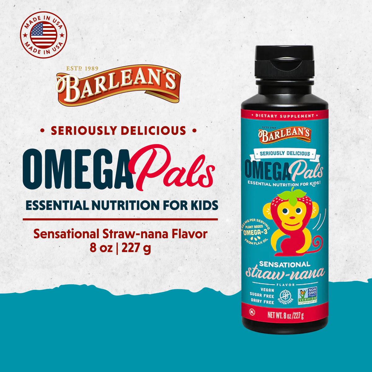Barlean's Omega Pals Kids Omega-3 8oz étiquette avec information nutritionnelle
