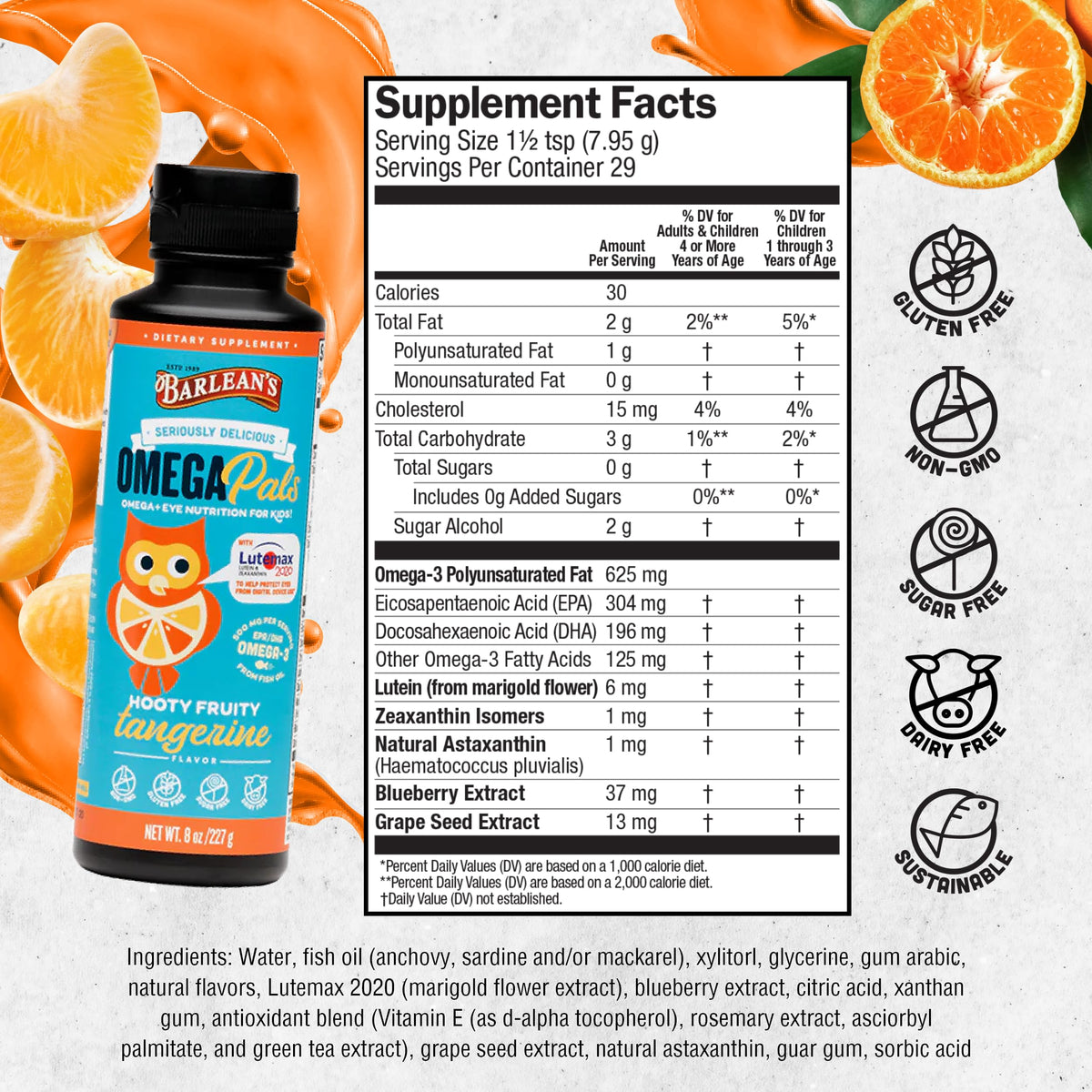 Barlean's Omega Pals Omega-3 Tangerine 8oz back view