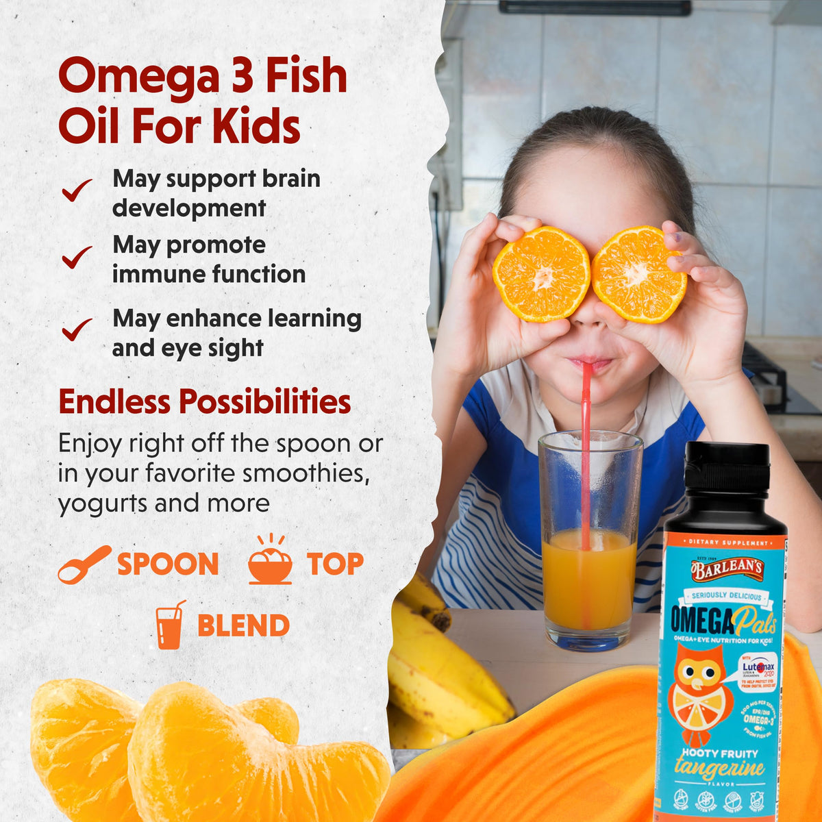 Barlean's Omega Pals Omega-3 Tangerine 8oz with spoon