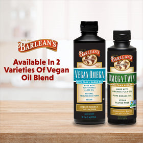 Barlean's Omega Twin bouteille avec arrière-plan de légumes frais