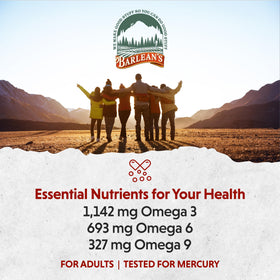 Barlean's Total Omega 3-6-9 capsules avec un verre d'eau