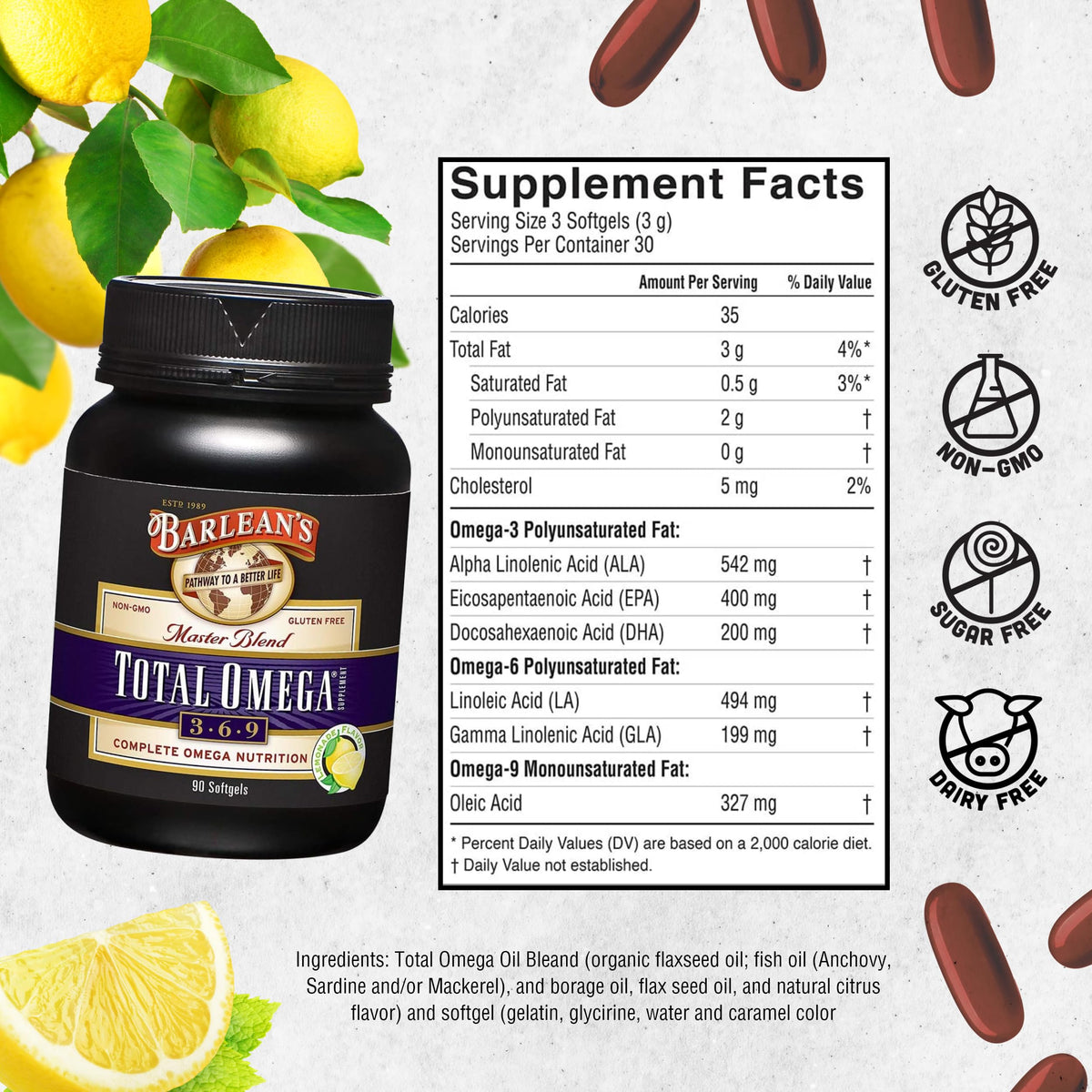 Barlean's Total Omega 3-6-9 capsules en gros plan