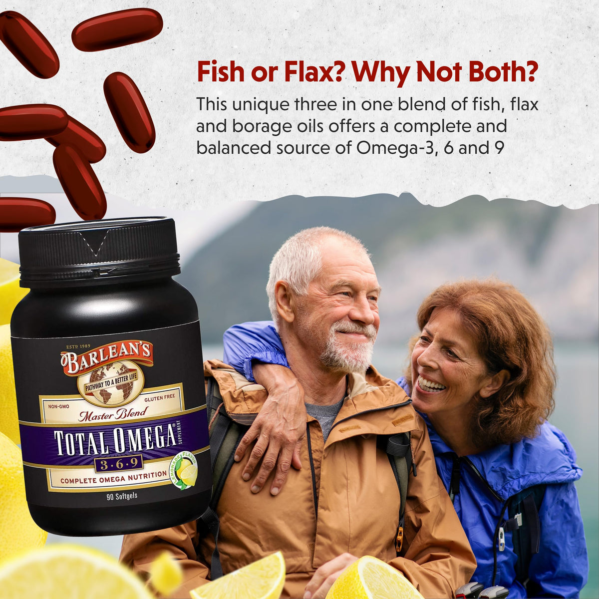 Barlean's Total Omega 3-6-9 capsules ouvertes sur une surface