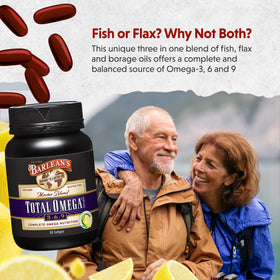 Barlean's Total Omega 3-6-9 capsules ouvertes sur une surface