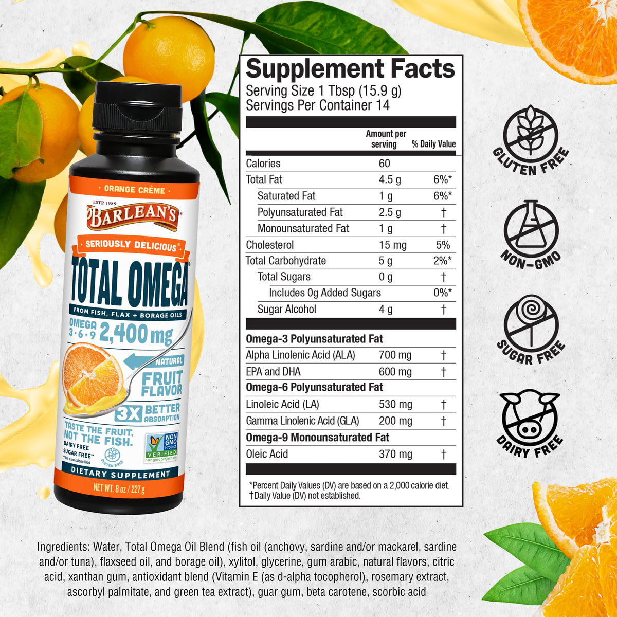 Barlean's Total Omega 3 6 9 Crème d'Orange 2400 mg avec un bol de yaourt