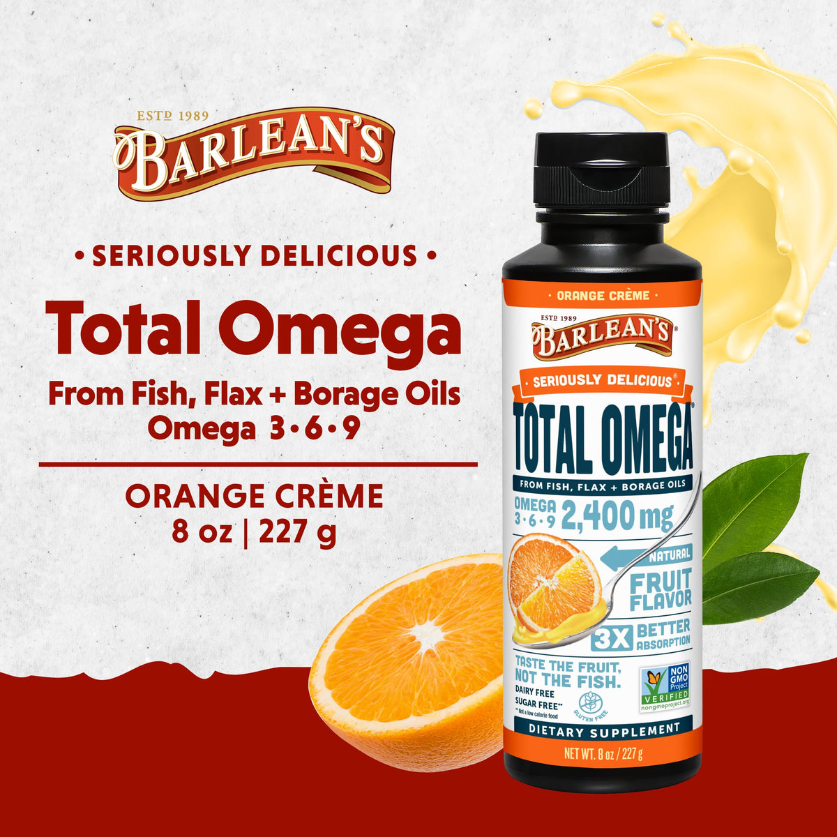 Barlean's Total Omega 3 6 9 Crème d'Orange 2400 mg étiquette détaillée
