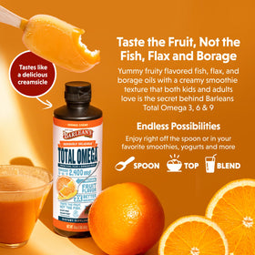 Barlean's Total Omega 3 6 9 Crème d'Orange 2400 mg versé dans une cuillère