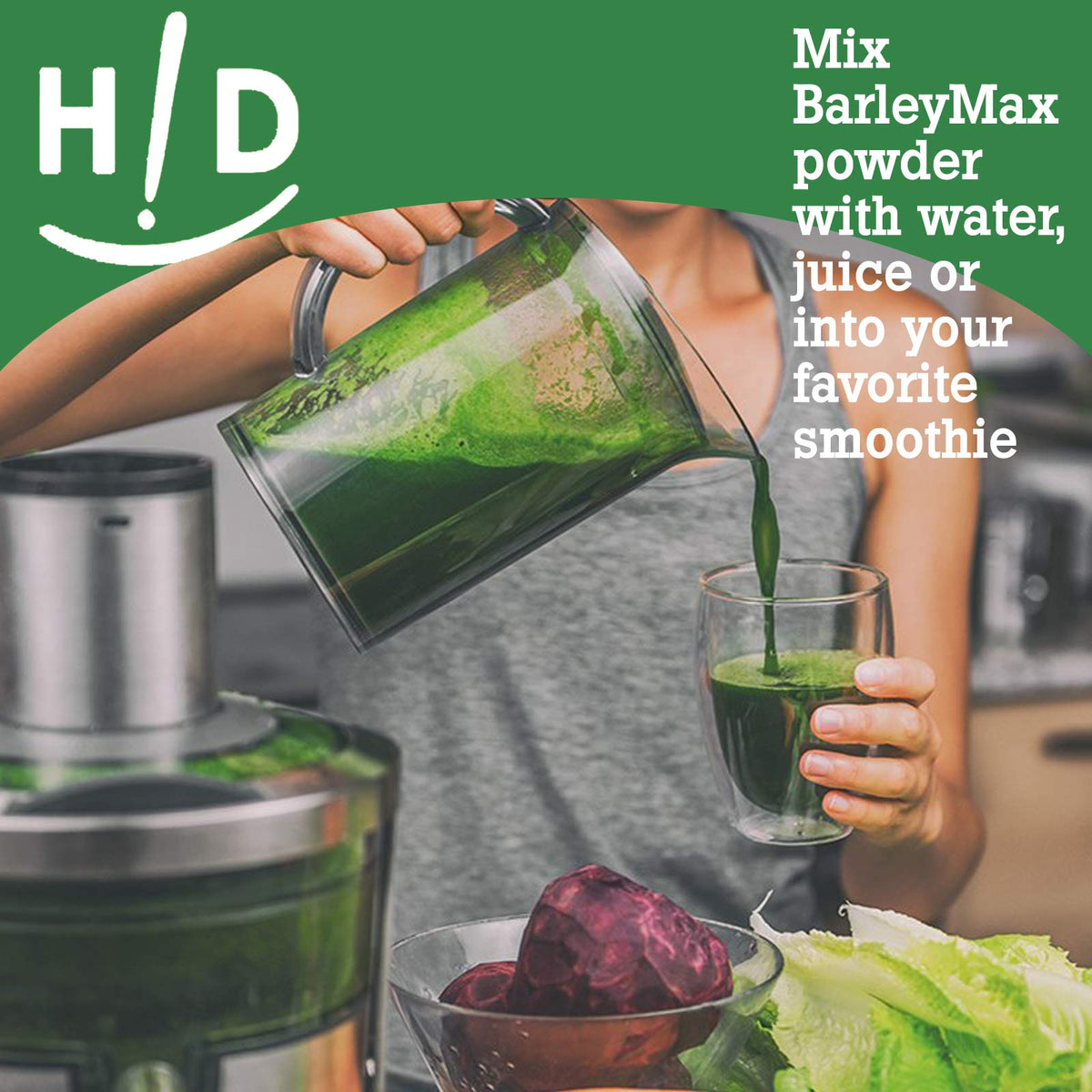 BarleyMax poudre de jus d'orge et luzerne 181g dans un smoothie