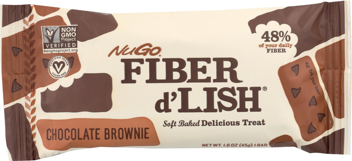 Barre NuGo Fiber d'Lish brownie avec des grains et graines